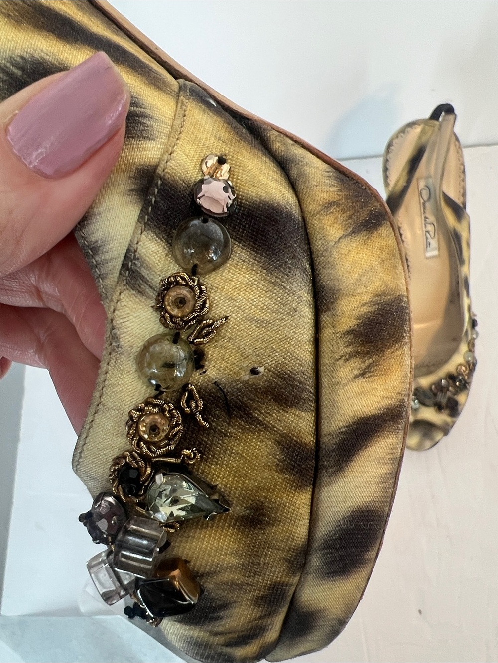 Oscar de la Renta Jeweled Slingback animal print Heels Vintage - Picture 12 of 14